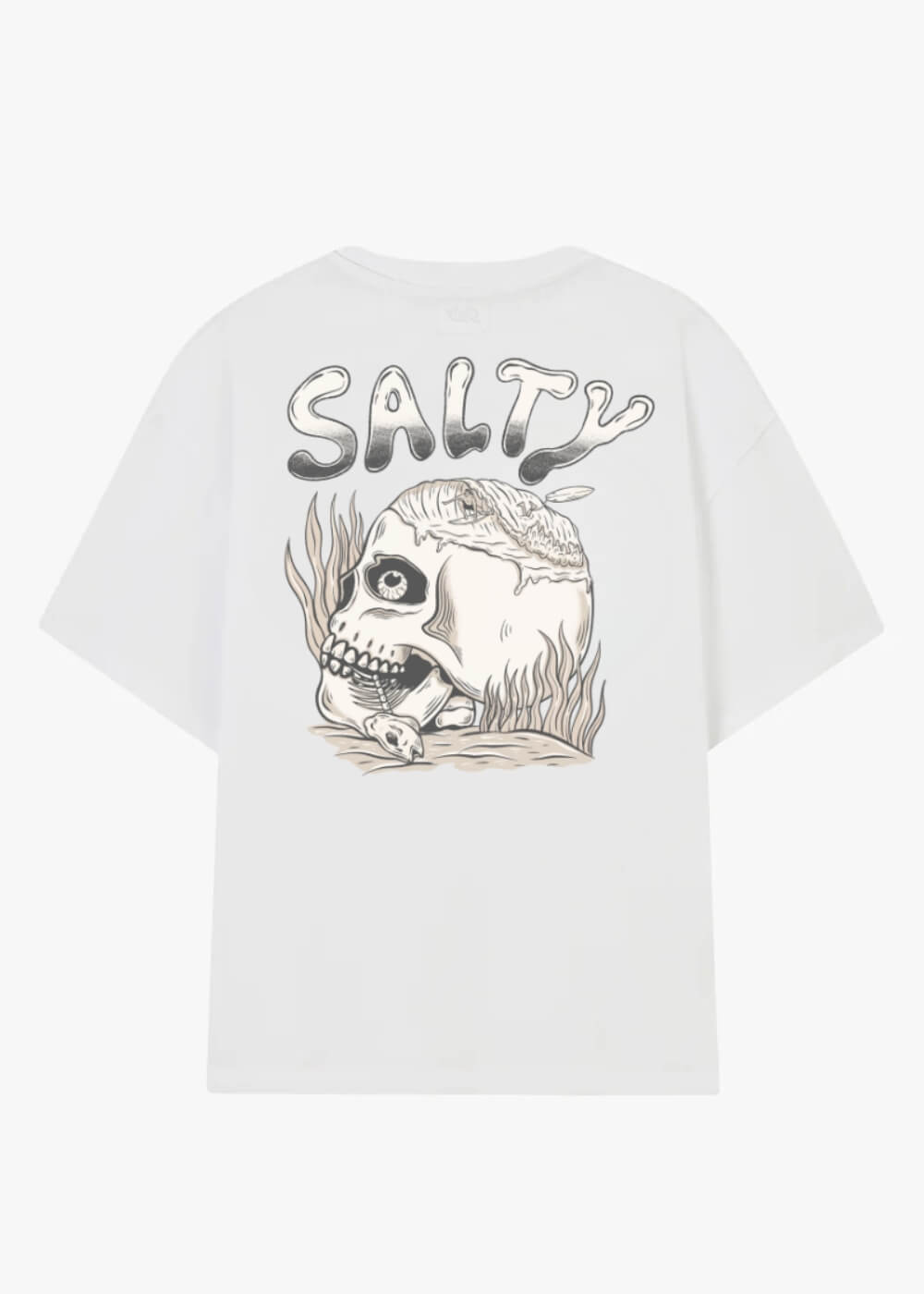 Back view of Salty Bones Tee with skull graphic and SALTY text