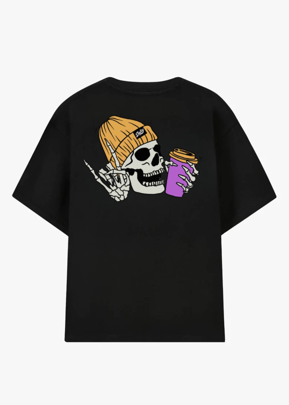 Back print of Salty Jimbo Tee with skeleton holding coffee cup and peace sign