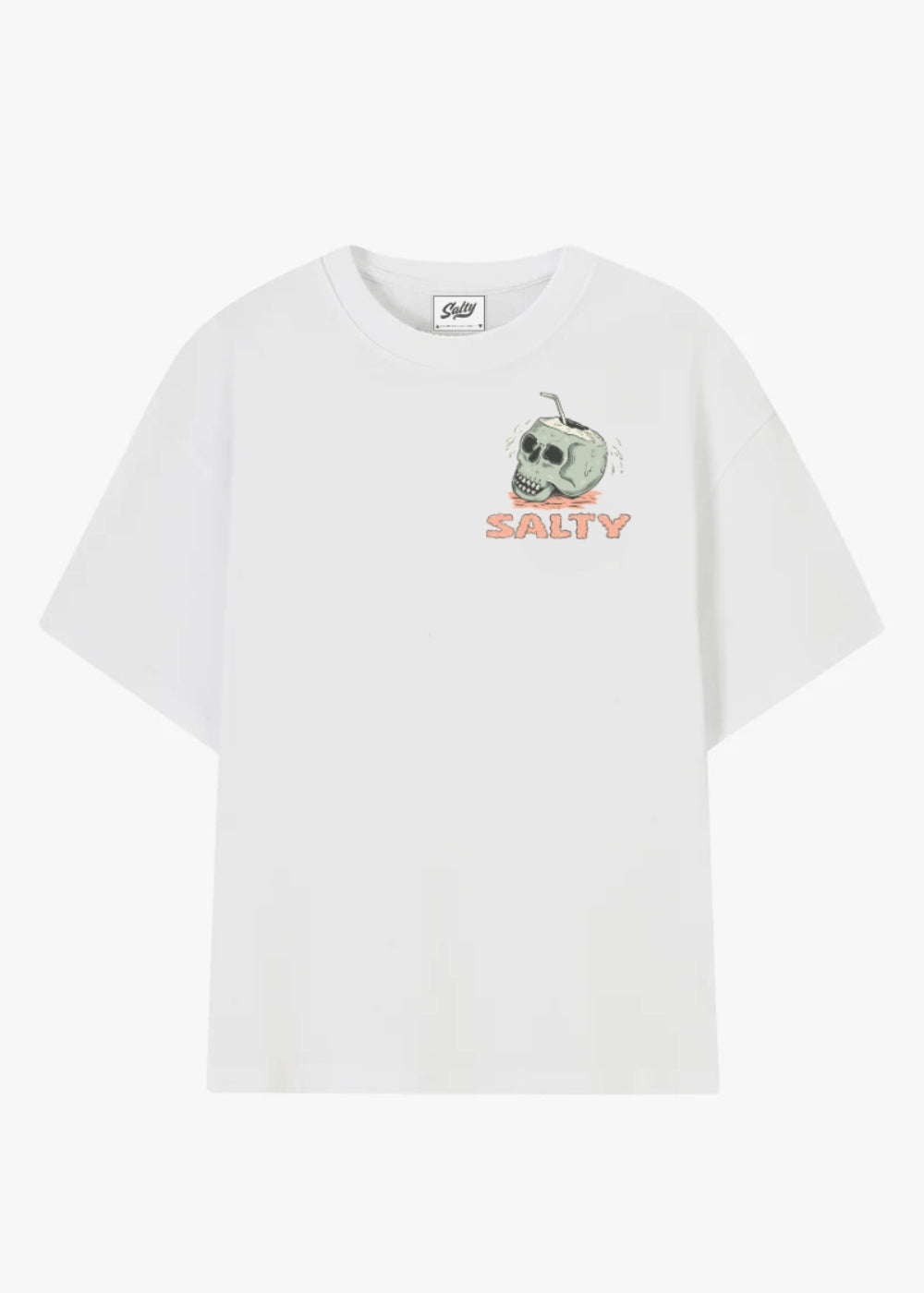 Front view of white Kokonut Tee with coconut skull and Salty logo