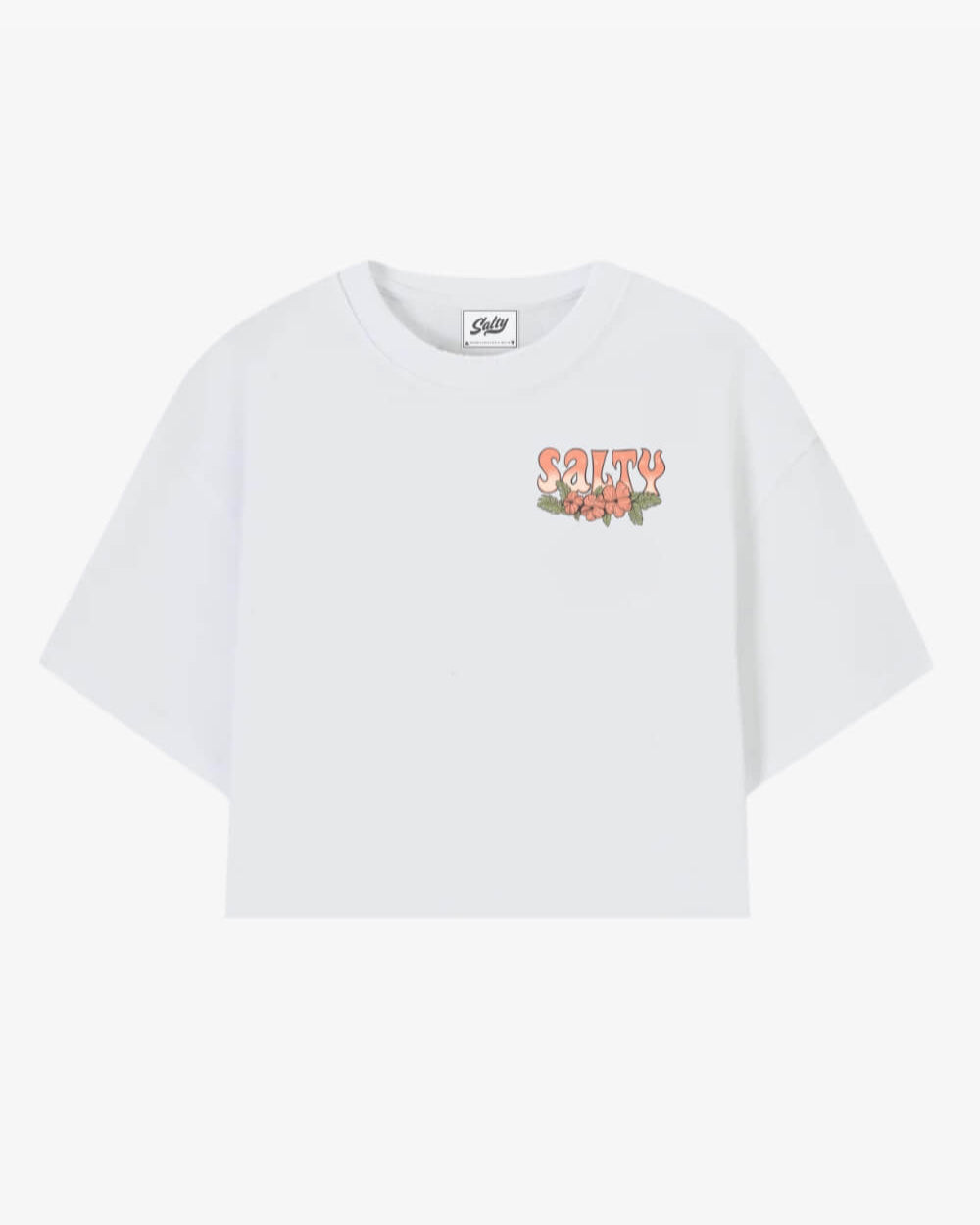 Front view of white Salty Paradiso tee with floral print and boxy fit