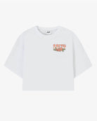 Front view of white Salty Paradiso tee with floral print and boxy fit