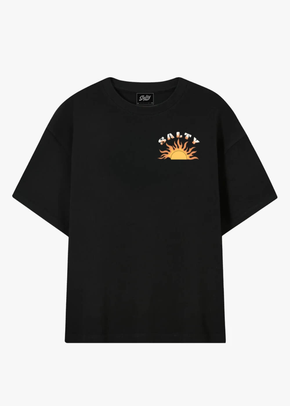 Front of black Sunray Tee with small sun and Salty logo chest print