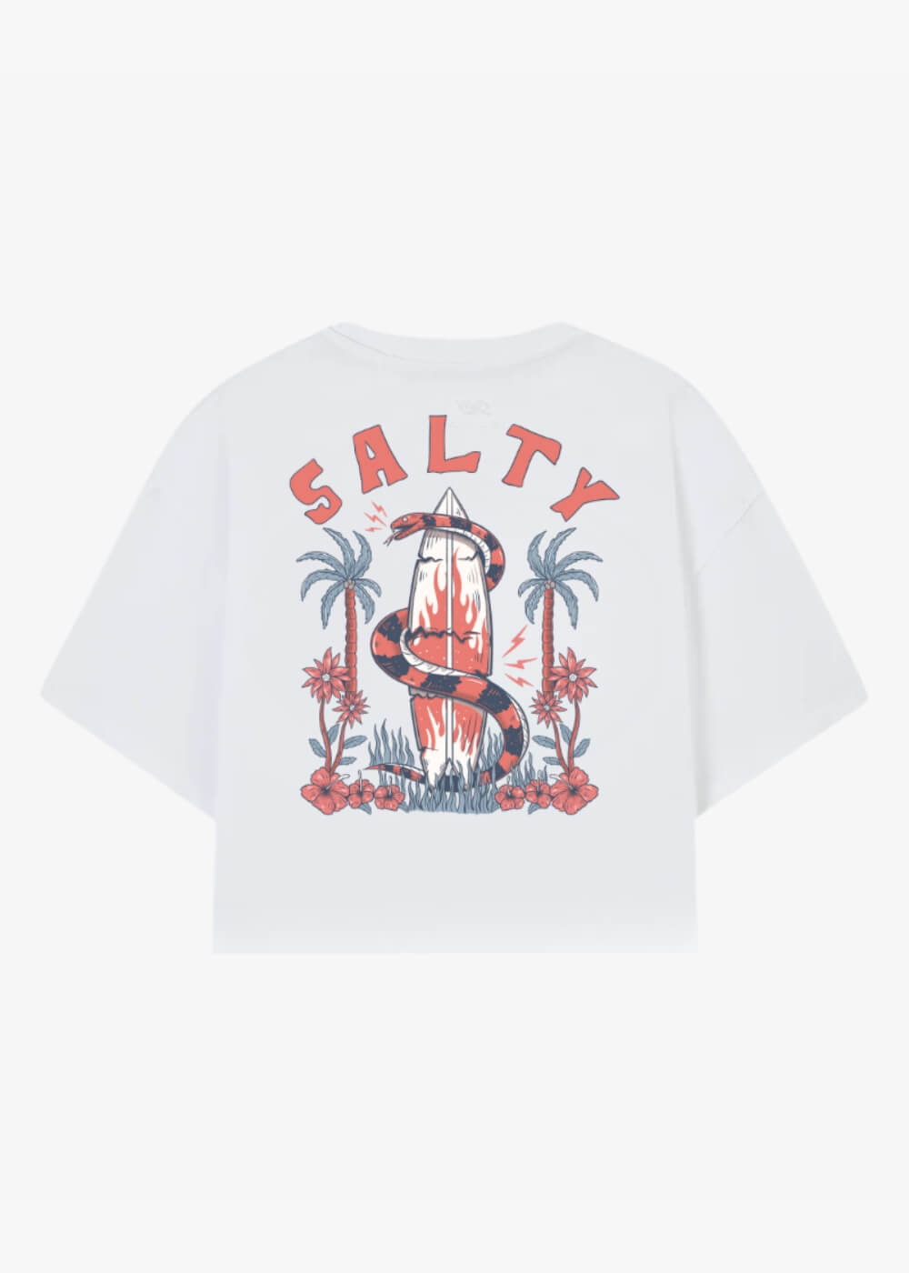 Back view of Salty Wild Tee showing full graphic print in red and blue