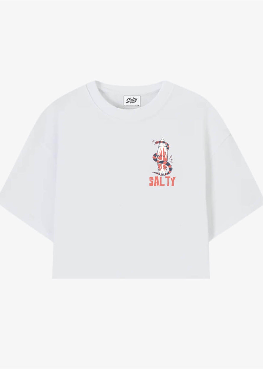 Front of white Wild Tee by Salty with snake and surfboard design