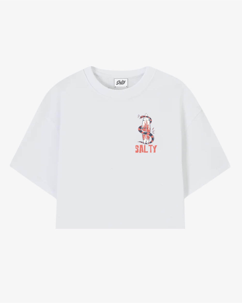 Front of white Wild Tee by Salty with snake and surfboard design