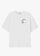 Front of white Bones Tee with small skull and Salty logo print